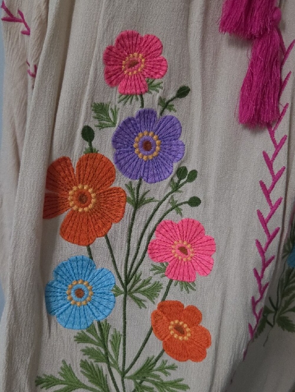 easel Beige Peasant Blouse with Bright Floral Embroidery - Picture 4 of 4